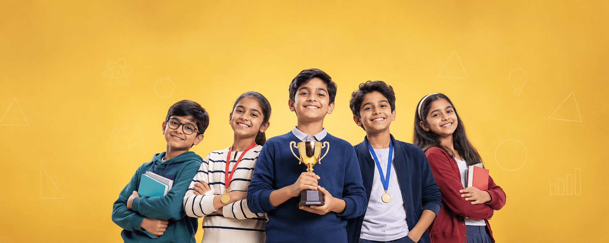 Five confident students celebrating Olympiad learning and achievement